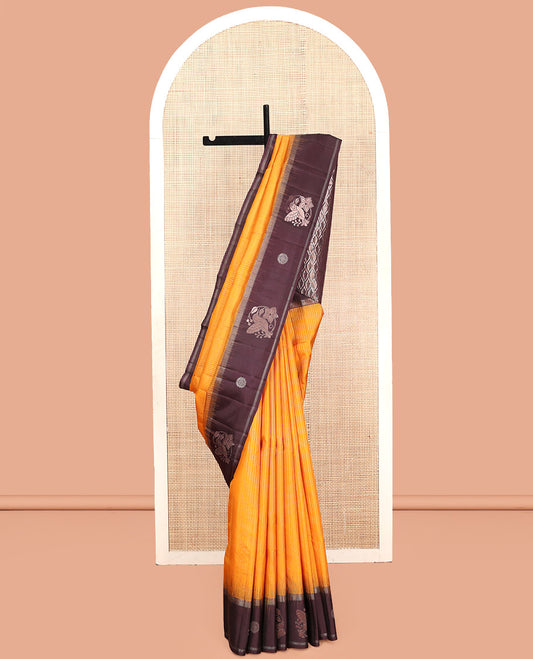 Yellow Kanchipuram Silk Saree, Subtly Sparkled with Stripes, Complemented by Contrast Border of Humming Bird Motifs, Grand Jaal Pallu, and Contrast Blouse