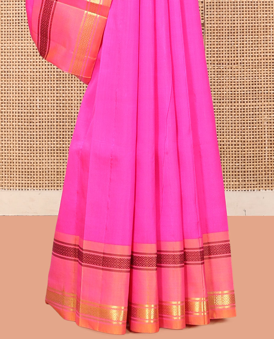 Pink Plain Kanchipuram Silk Saree, a Contrast One-Sided Rettai Pettu Border of Panner Sombu, Banaras, and Mayil Kann Designs, a Zari Design Pallu, and No Blouse