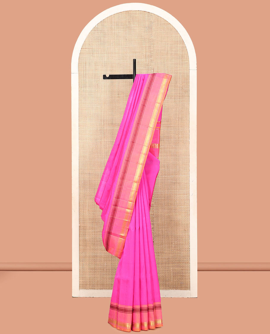 Pink Plain Kanchipuram Silk Saree, a Contrast One-Sided Rettai Pettu Border of Panner Sombu, Banaras, and Mayil Kann Designs, a Zari Design Pallu, and No Blouse