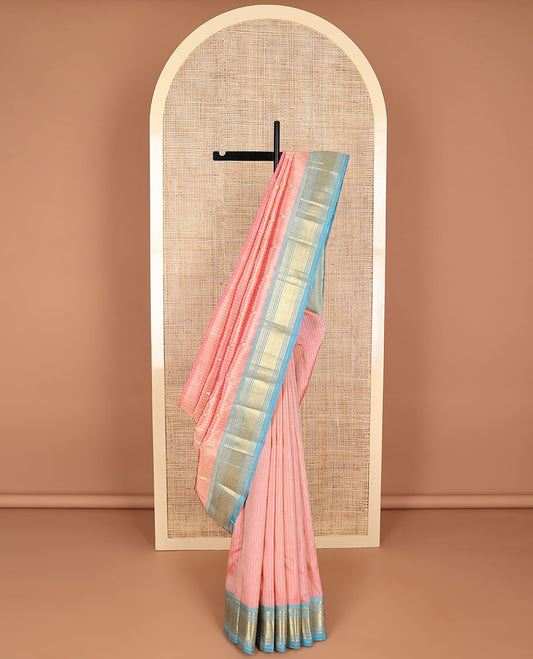 Peach striped, floral buttas kancheepuram silk saree with contrast zari design border & floral buttas pallu