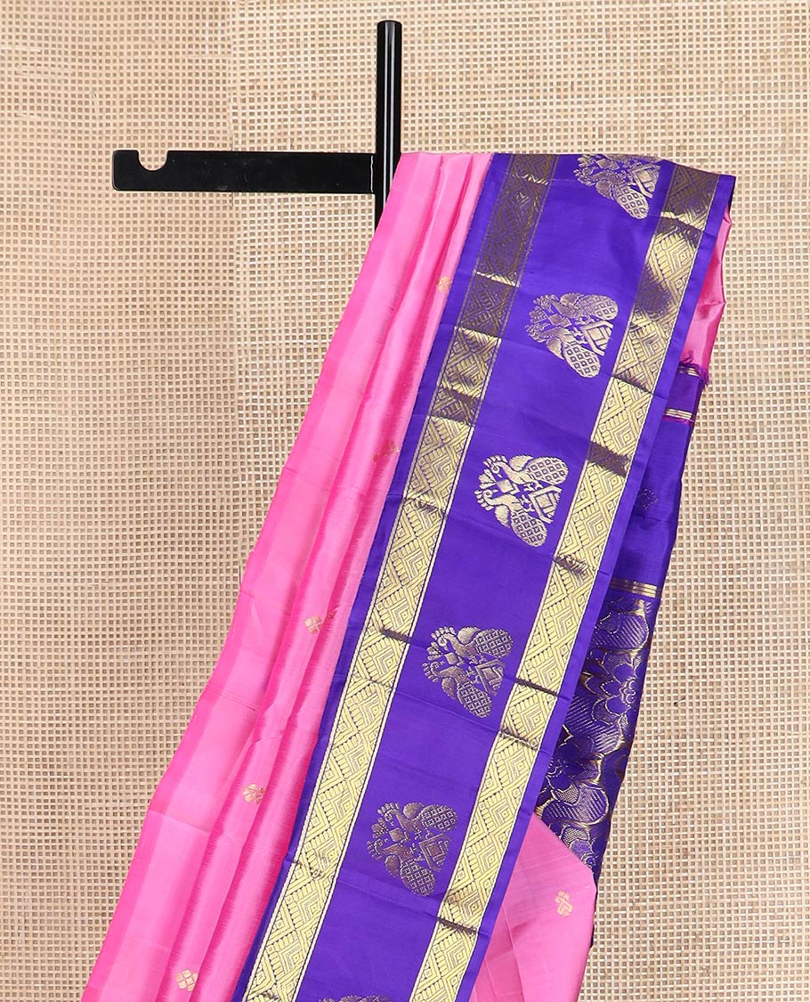 Pink zari buttas kanchipuram silk saree, contrast one-sided korvai border of diamond & mayil designs & floral-paisley design pallu