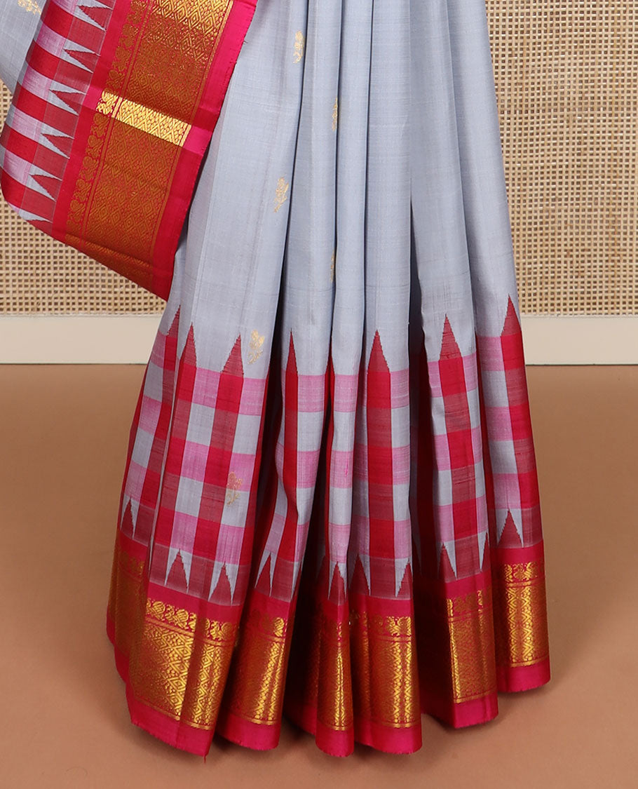Grey zari buttas Kanchipuram silk saree, contrast thazampoo rekku checked border of mayil & jaal design & zari design pallu