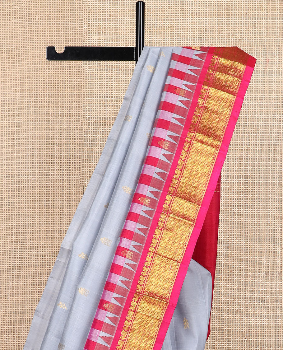 Grey zari buttas Kanchipuram silk saree, contrast thazampoo rekku checked border of mayil & jaal design & zari design pallu