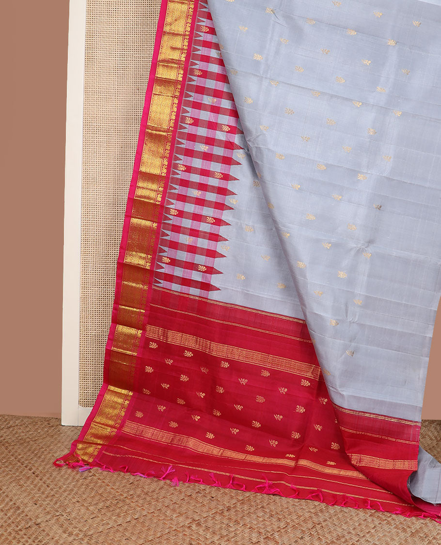 Grey zari buttas Kanchipuram silk saree, contrast thazampoo rekku checked border of mayil & jaal design & zari design pallu
