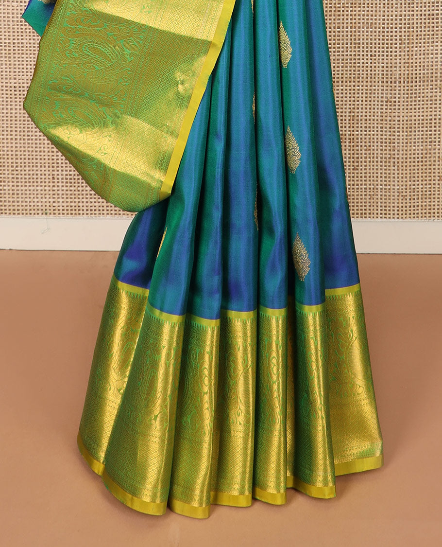 Blue zari buttas Kanchipuram silk saree, contrast border of rekku, kathir, neli, mayil, and mayil kann designs, and  zari design pallu