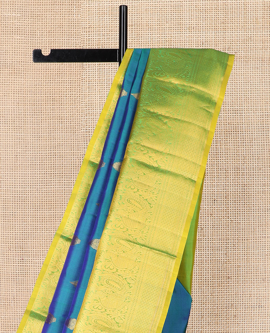 Blue zari buttas Kanchipuram silk saree, contrast border of rekku, kathir, neli, mayil, and mayil kann designs, and  zari design pallu