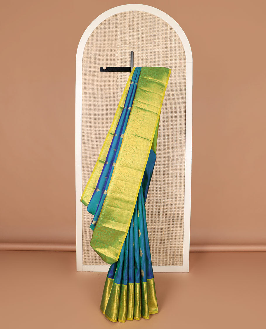 Blue zari buttas Kanchipuram silk saree, contrast border of rekku, kathir, neli, mayil, and mayil kann designs, and  zari design pallu