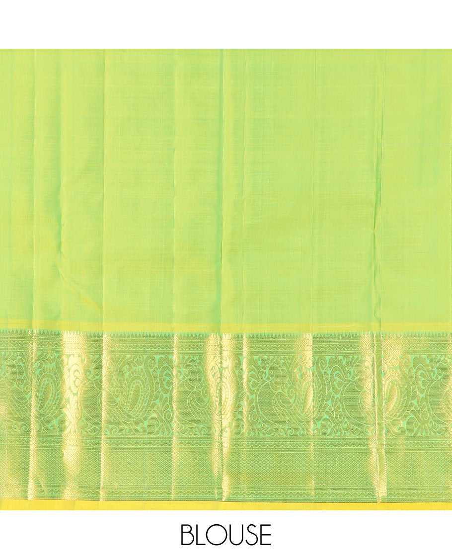 Blue zari buttas Kanchipuram silk saree, contrast border of rekku, kathir, neli, mayil, and mayil kann designs, and  zari design pallu