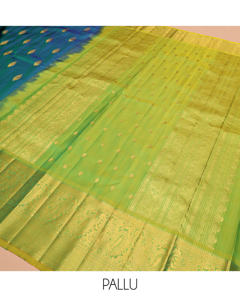 Blue zari buttas Kanchipuram silk saree, contrast border of rekku, kathir, neli, mayil, and mayil kann designs, and  zari design pallu