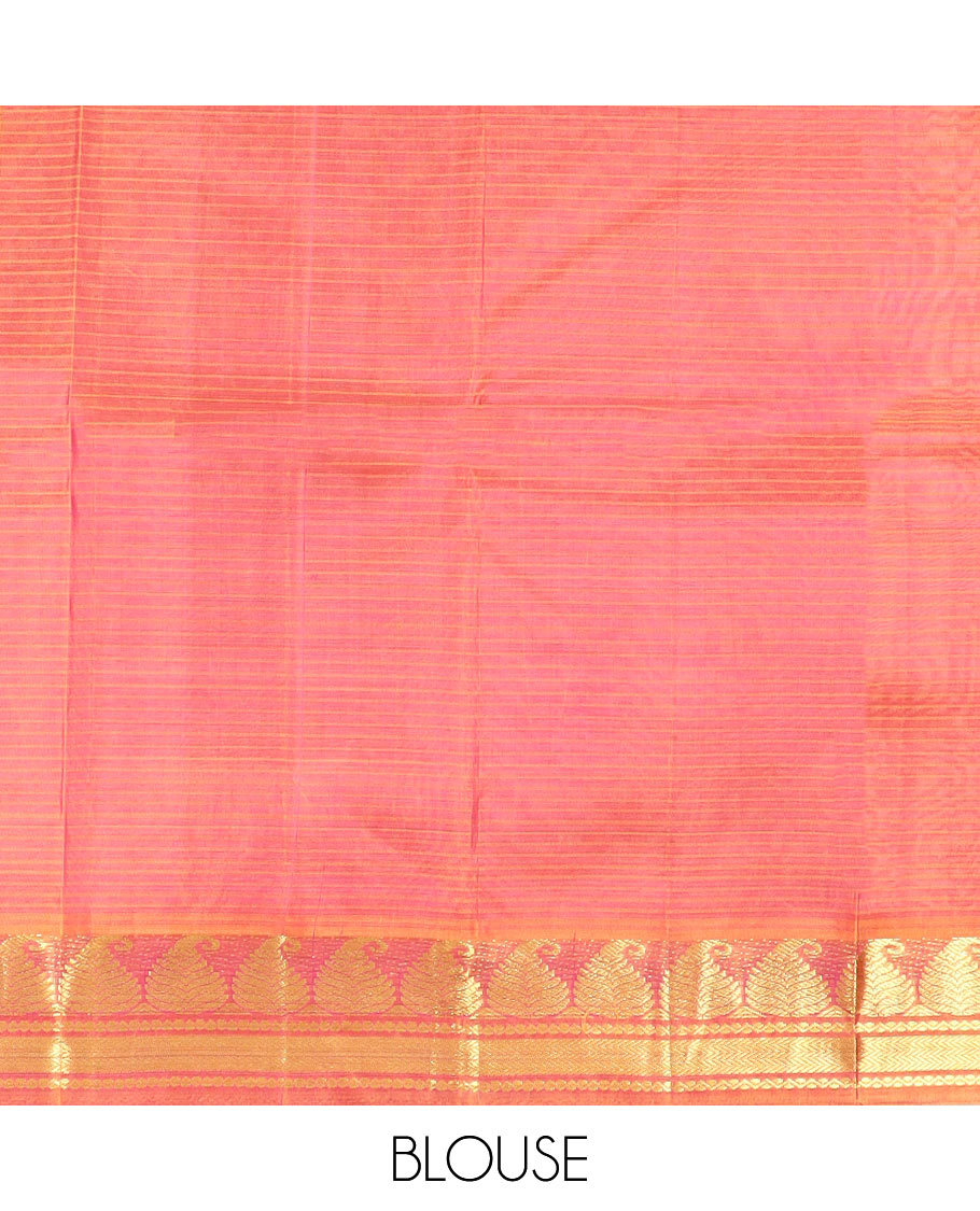 Purple Striped Kanchipuram Silk Saree Embellished with Contrast Border Featuring Manga, Neli, and Vanki Designs, Jaal Design Woven Pallu, and a Contrast Blouse