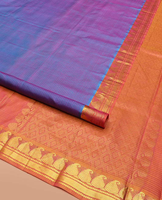 Purple Striped Kanchipuram Silk Saree Embellished with Contrast Border Featuring Manga, Neli, and Vanki Designs, Jaal Design Woven Pallu, and a Contrast Blouse
