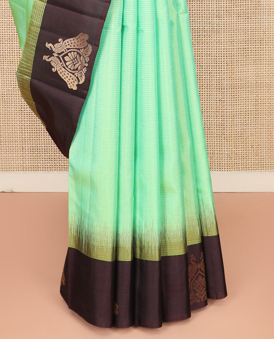 Turquoise Kanchipuram Silk Saree, Subtly Sparkled with Zari Checks on Its Body, Complemented by a Contrast Border of Mayil Designs, Pallu Beautified with Jaal Design, and Paired with a Contrast Blouse
