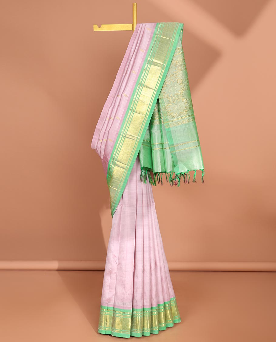 Lavender  floral buttas kancheepuram silk saree with contrast border of sombu,banaras, jaal design & zari design pallu
