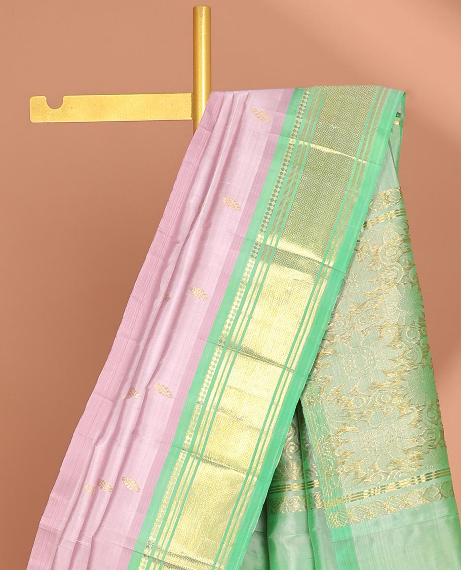 Lavender  floral buttas kancheepuram silk saree with contrast border of sombu,banaras, jaal design & zari design pallu