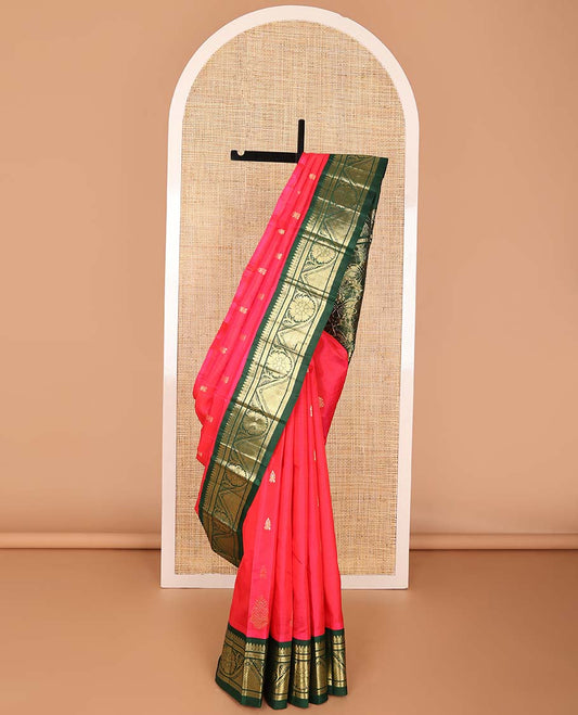 Red buttas kancheepuram silk saree with contrast border of thilakam mokku, banaras, muthu design & floral pallu