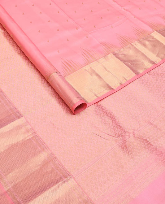 Pink zari buttas silk saree, zari thazampoo rekku border of muthu,banaras & zari stripes & pallu of paiyadi kann