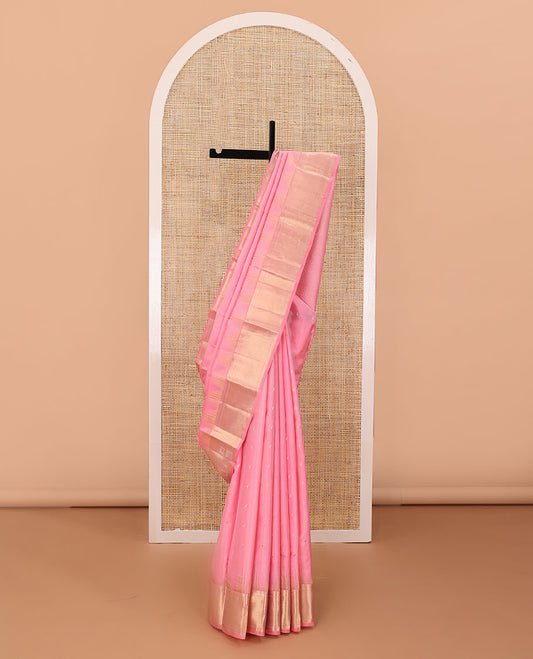 Pink zari buttas silk saree, zari thazampoo rekku border of muthu,banaras & zari stripes & pallu of paiyadi kann