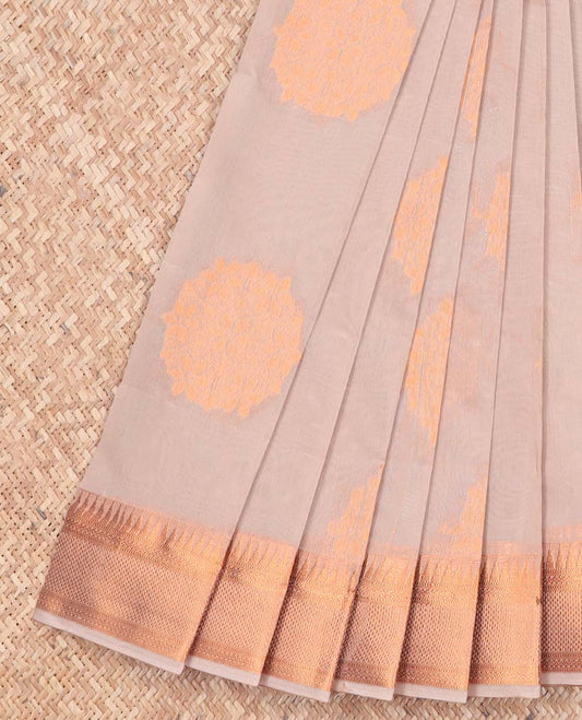 Beige floral motifs kora cotton saree with contrast intricate zari design border & floral enclosed checked design pallu