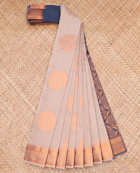 Beige floral motifs kora cotton saree with contrast intricate zari design border & floral enclosed checked design pallu