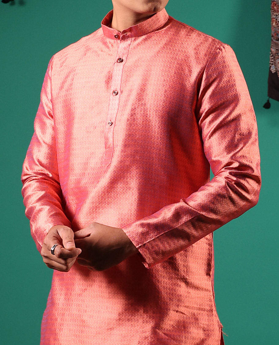 Pink unique patterns embossed full-sleeved men's kurta set