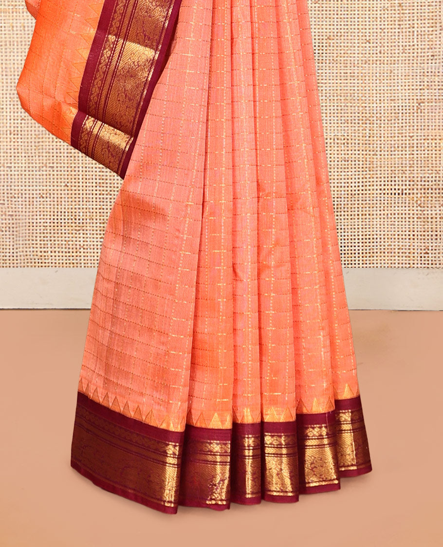 Peach Zari Checked Kuppadam Silk Saree, a Contrast Traditional Temple Border, Grand Pallu, a Contrast Blouse