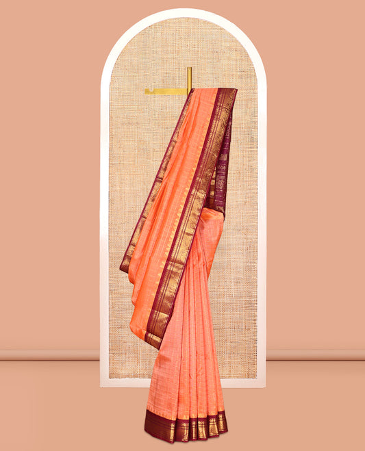 Peach Zari Checked Kuppadam Silk Saree, a Contrast Traditional Temple Border, Grand Pallu, a Contrast Blouse