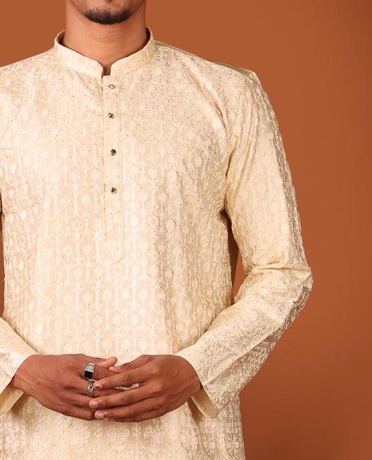 Sandal Mughal-Themed Thread Embroidered and Stone Work Full-Sleeved Men's Kurta Set