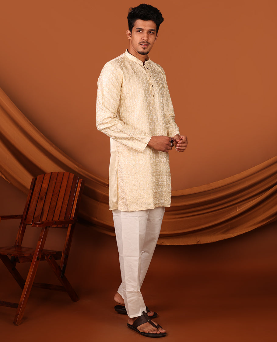 Sandal Mughal-Themed Thread Embroidered and Stone Work Full-Sleeved Men's Kurta Set