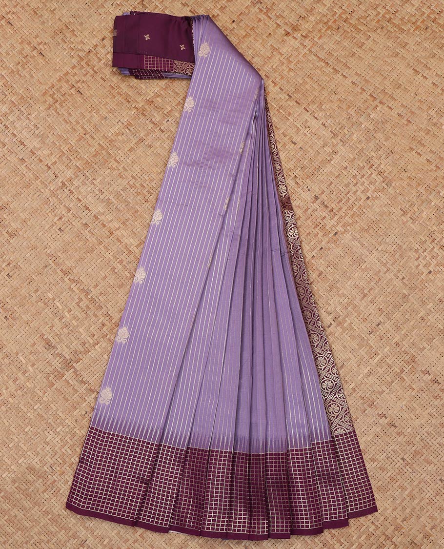 Purple Litchi Saree, Sparsely Woven with Zari Buttas and Stripes, a Contrast Zari Checked Border, Grand Pallu, and a Contrast Blouse