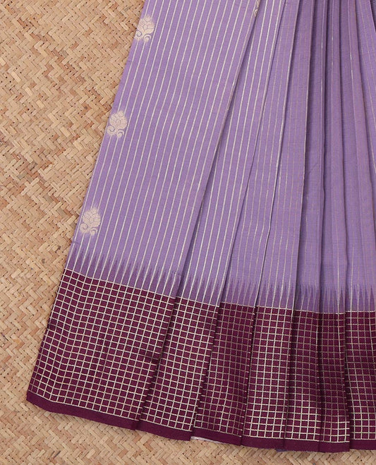 Purple Litchi Saree, Sparsely Woven with Zari Buttas and Stripes, a Contrast Zari Checked Border, Grand Pallu, and a Contrast Blouse