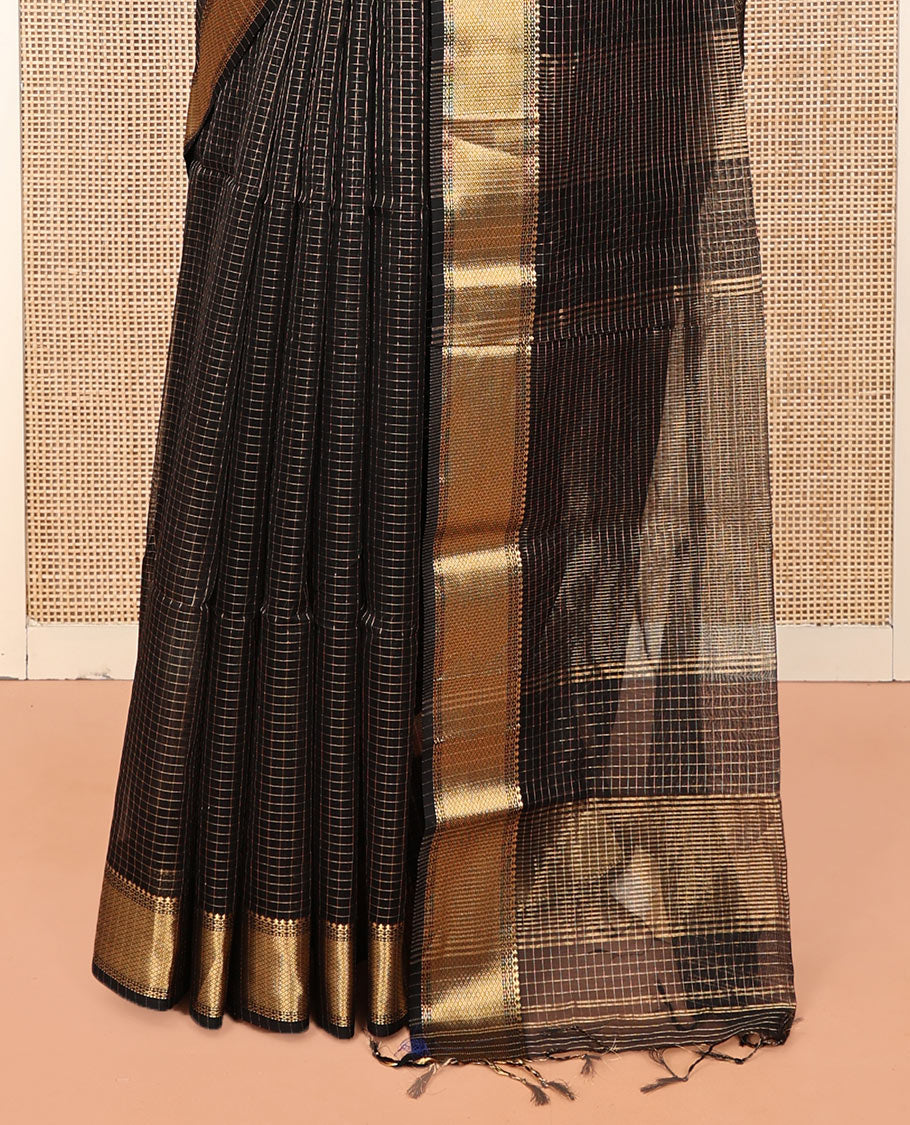 Black Maheshwari Cotton Saree, Gleamed Up with Micro-Checked Design All Over Its Body, Highlighted by Traditional Zari Border, Pallu Steeped with Zari Stripes, and Paired with a Matching Blouse
