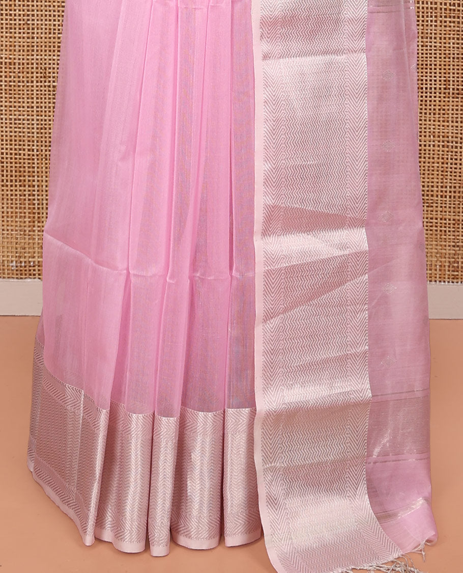 Pink Maheshwari Cotton Saree, Sparsely Woven with Buttas All Over Its Body, Highlighted by a Zari Border of Chevron Stripes, Pallu Steeped with Buttas, and Paired with a Matching Blouse