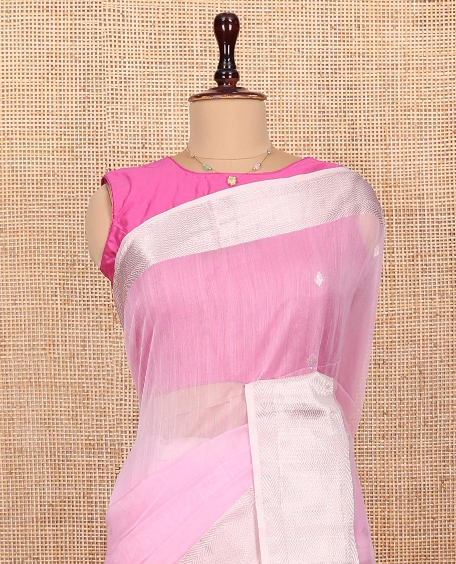 Pink Maheshwari Cotton Saree, Sparsely Woven with Buttas All Over Its Body, Highlighted by a Zari Border of Chevron Stripes, Pallu Steeped with Buttas, and Paired with a Matching Blouse