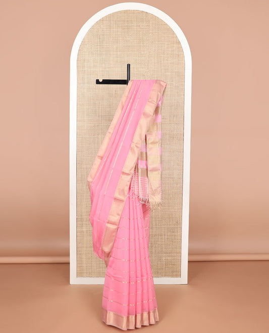 Light pink striped maheshwari cotton saree with self striped, temple border & checked pallu