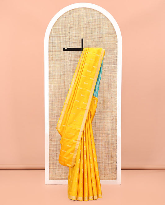 Yellow Mayuri Soft Silk Saree, Subtly Sparkled With Zari Buttas All Over Its Body, Complemented by Contrast Pallu of Intricate Designs, and Paired with a Contrast Blouse