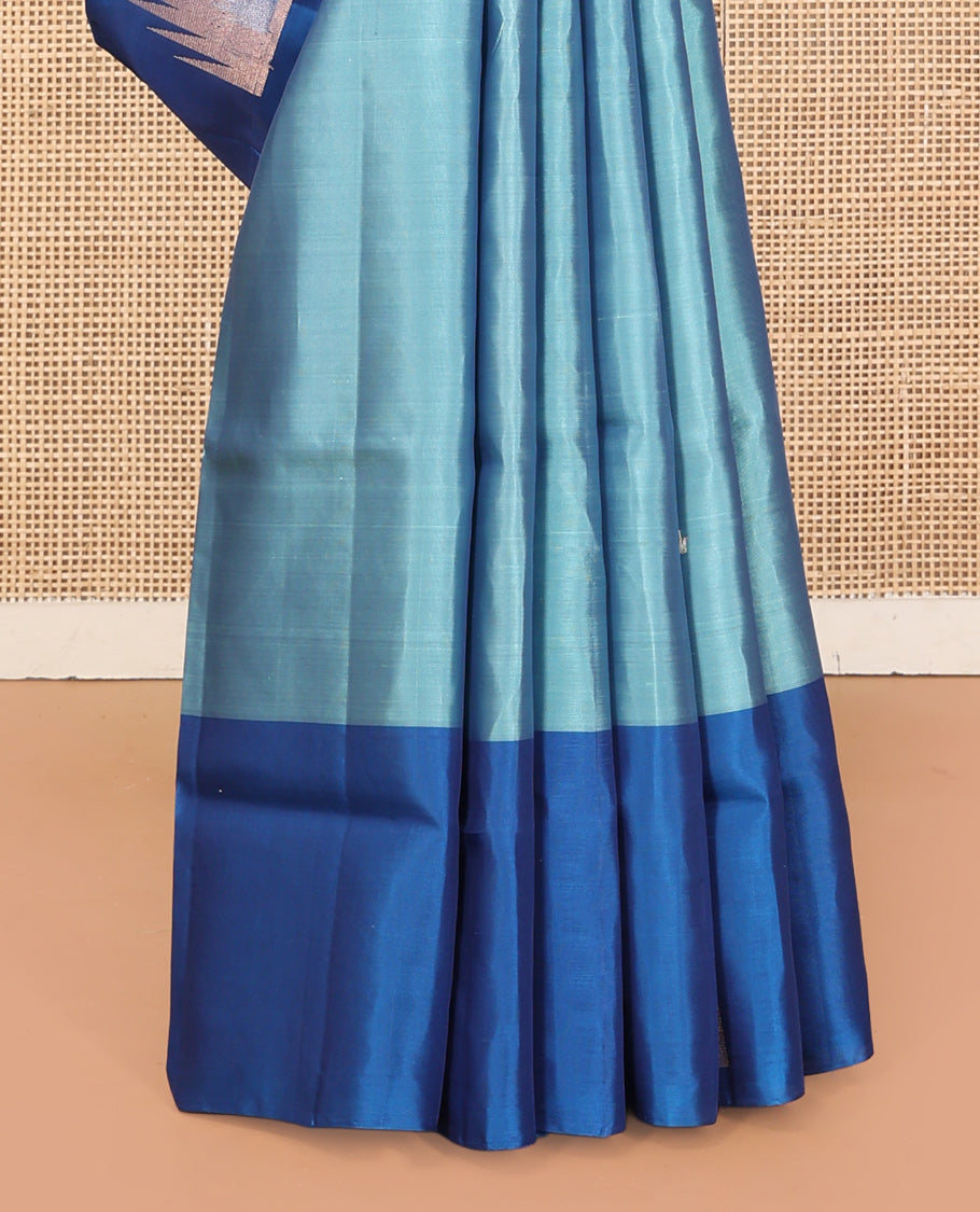 Blue Mayuri Lite Silk Mix Saree, Woven with Thazampoo Rekku Buttas, Complemented by a Contrast Thazampoo Rekku Border, a Grand Pallu, and a Contrast Blouse