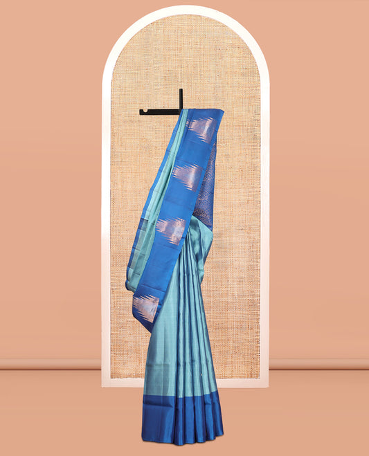 Blue Mayuri Lite Silk Mix Saree, Woven with Thazampoo Rekku Buttas, Complemented by a Contrast Thazampoo Rekku Border, a Grand Pallu, and a Contrast Blouse