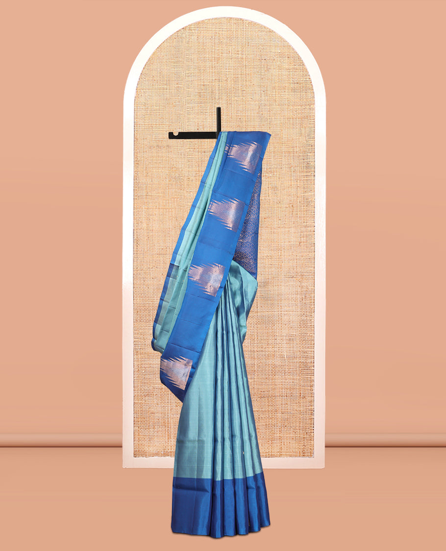 Blue Mayuri Lite Silk Mix Saree, Woven with Thazampoo Rekku Buttas, Complemented by a Contrast Thazampoo Rekku Border, a Grand Pallu, and a Contrast Blouse