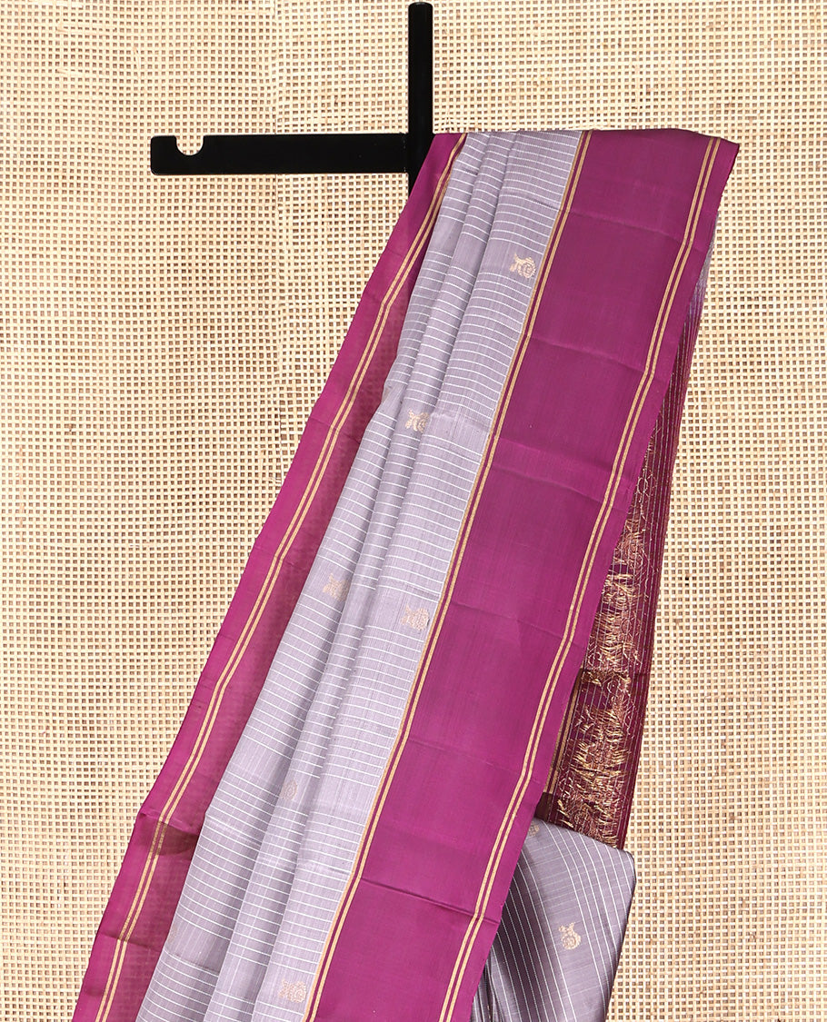 Grey Mayuri Lite Silk Mix Saree, Woven with Zari Buttas All Over Its Body, Complemented by a Contrast Border, Pallu of Intricate Designs, and Paired with a Contrast Blouse