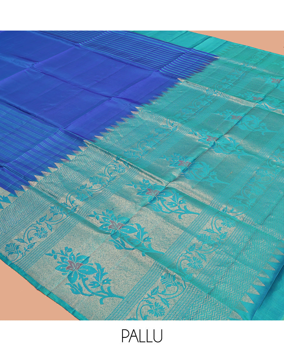 Blue Mayuri Soft Silk Saree, Woven with Stripes, Complemented by Contrast Floral Creeper Border, Floral Design Pallu, and a Contrast Blouse