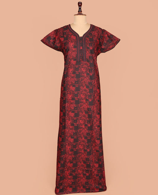 Red Cotton Nighty Delicately Printed with Floral-Geometric, Featuring Lace Work, Unique Front Neck, and Half  Sleeves