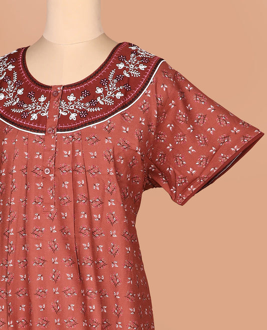 Brown leaf motifs printed with round neck embroidered half-sleeve nighty