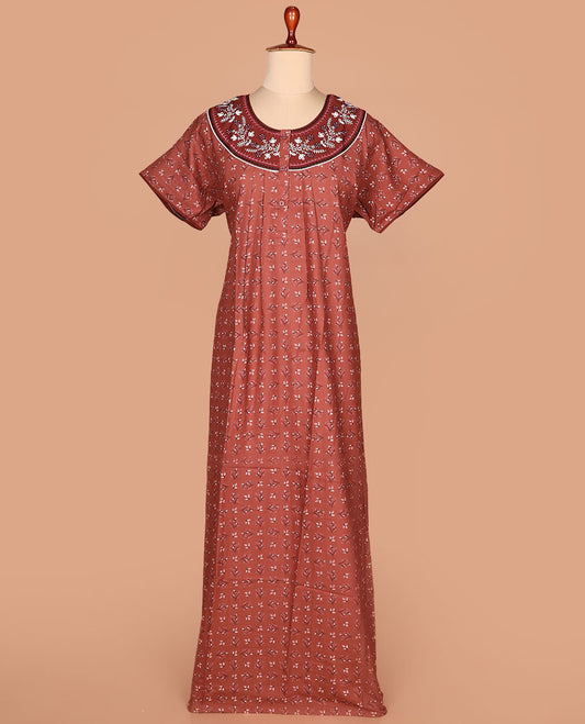 Brown leaf motifs printed with round neck embroidered half-sleeve nighty