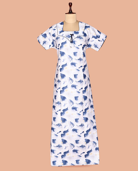 White-Blue Cotton-Blended Nighty