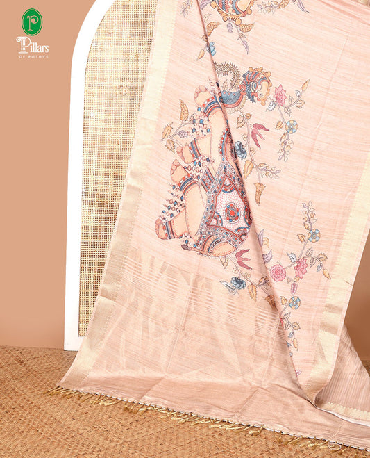 Cream kalamkari printed design khicha tussar silk saree with zari jacquard border & jute weaving, chit pallu along with plain blouse