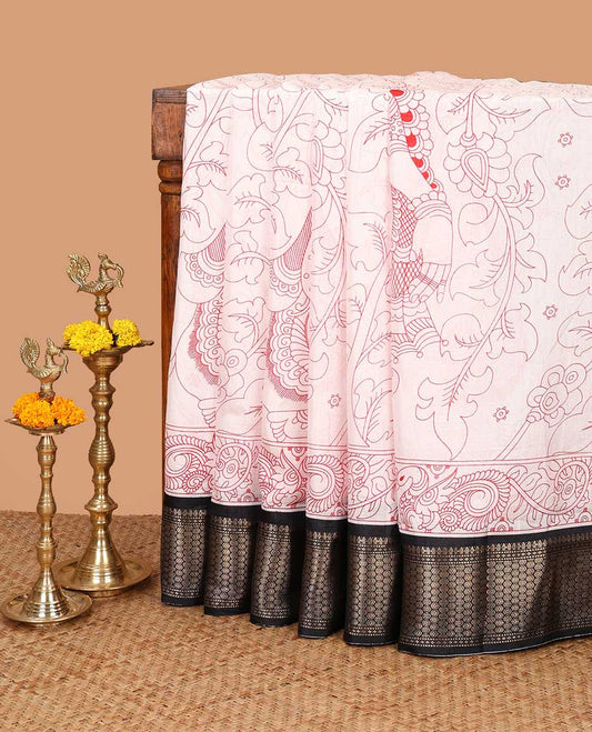Cream with black kalamkari design dola silk saree with contrast zari border & kalamkari design pallu along with contrast blouse