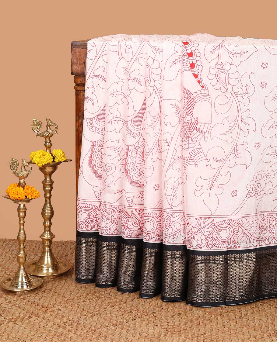 Cream with black kalamkari design dola silk saree with contrast zari border & kalamkari design pallu along with contrast blouse