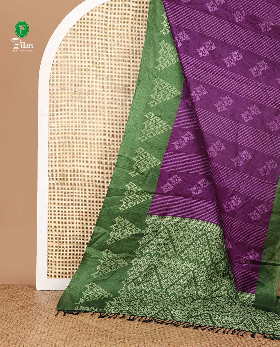 Brinjal purple stripes and unique motifs printed khadhi silk saree, contrast border and pallu features intricately printed triangle motifs