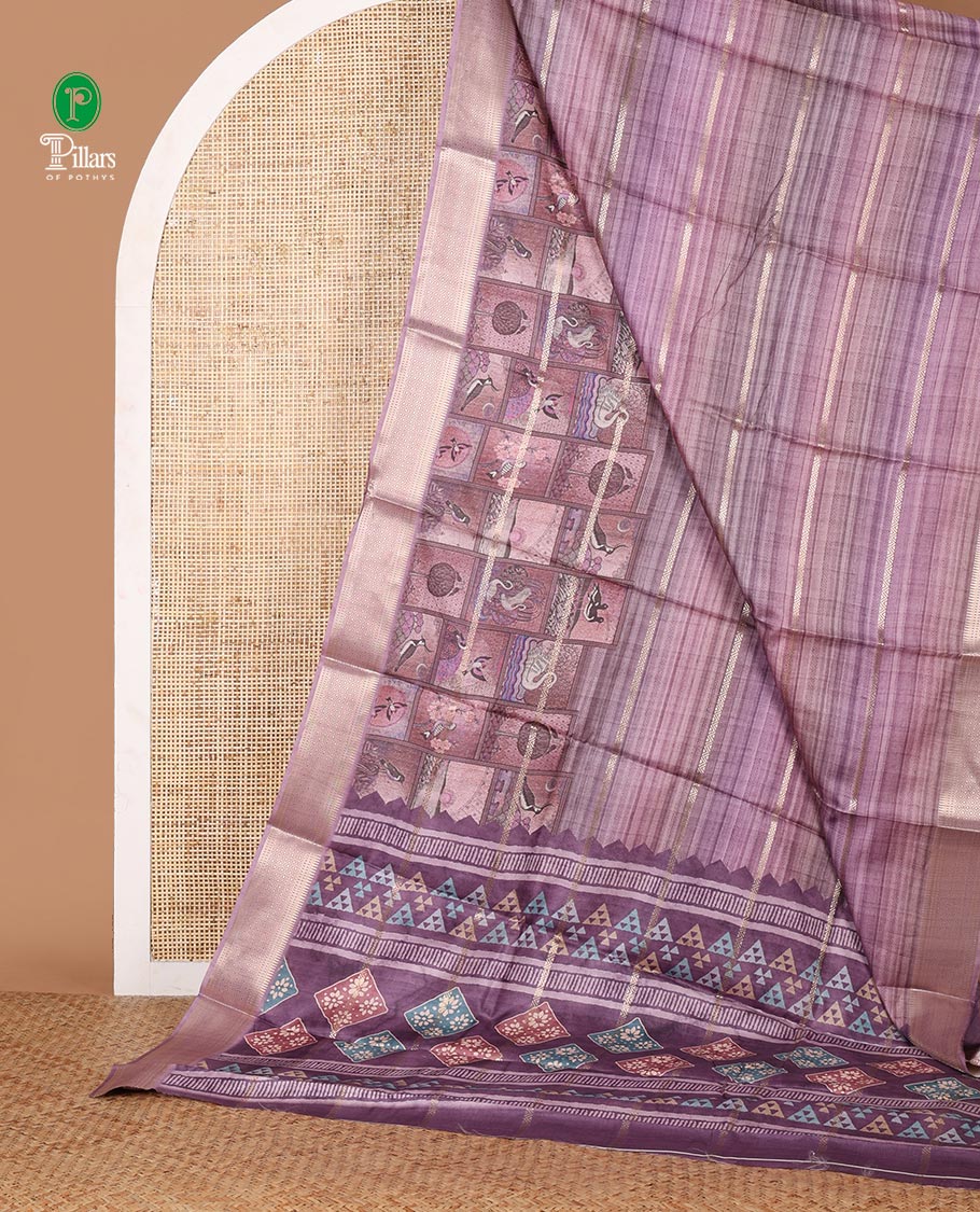 Purple horizontal zari striped with bird motifs printed soft tusser saree, traditional zari border & geometric printed pallu