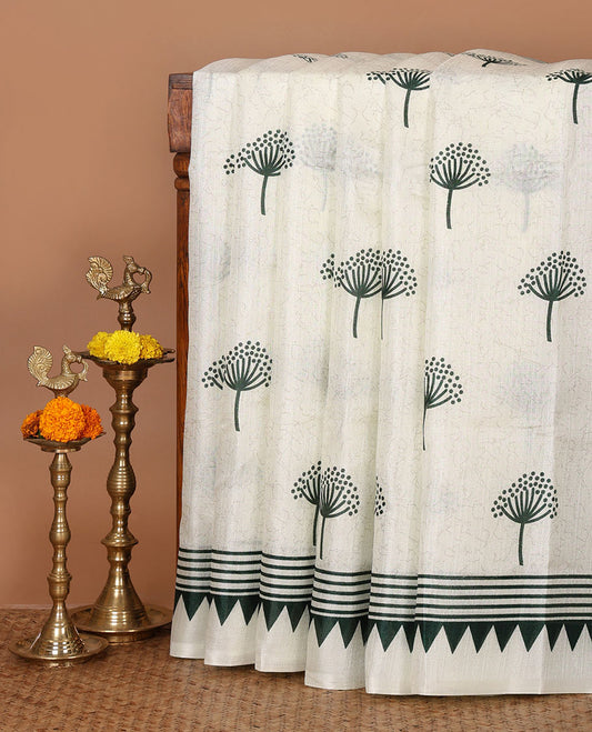 Cream floral-style printed khadi cotton saree, contrast green temple & lining printed border, lining printed border & printed blouse